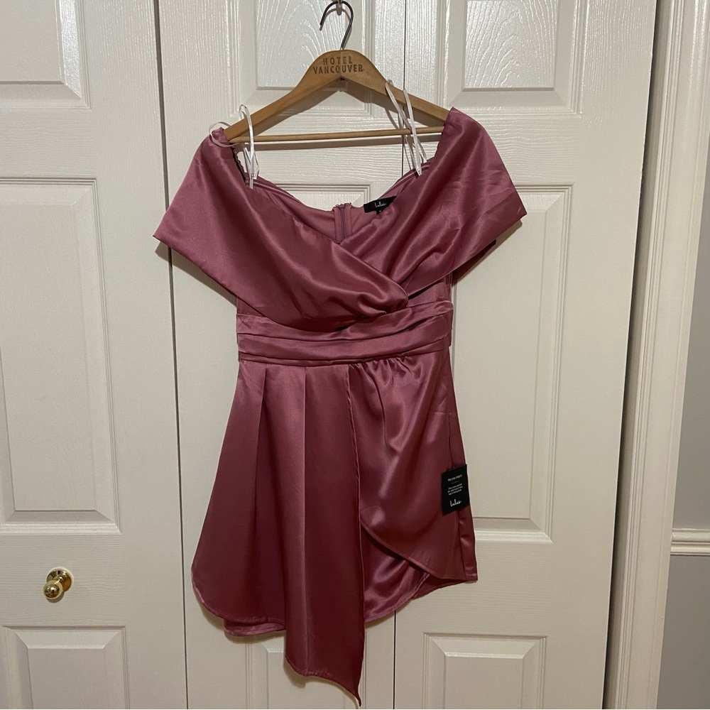 Lulu’s NWT Always Celebrating Mauve Pink Satin Off-the-Shoulder Mini Dress M - Picture 4 of 11